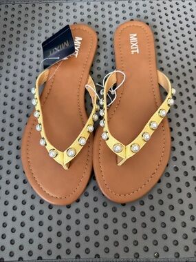 Stud-Embellished Tan Flip Flop Sandal with Gold Strap